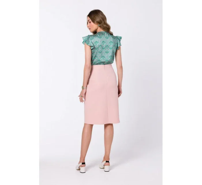 model 18360352 Sukně áčkového střihu se zavinovacími detaily pudrová - STYLOVE model 18360352 Sukně áčkového střihu se zavinovacími detaily pudrová - STYLOVE