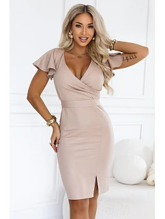 479-16 NINA – elegantní šaty s výstřihem do V, rukávy a páskem – tmavě béžové s brokátem