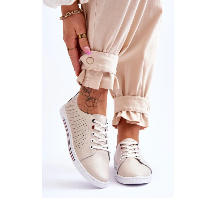 Dámské kožené ažurové tenisky béžové model 21615830 - S.Barski Dámské kožené ažurové tenisky béžové model 21615830 - S.Barski