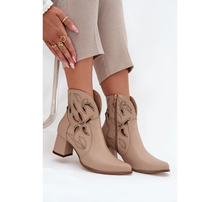 Kožené vzorované boty na podpatku  světle béžové model 21713228 - Zazoo