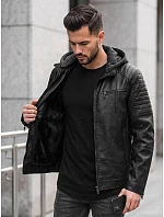 Kurtka męska skórzana ocieplana z kapturem czarna model 22542418 - FashionStreet Kurtka męska skórzana ocieplana z kapturem czarna model 22542418 - FashionStreet