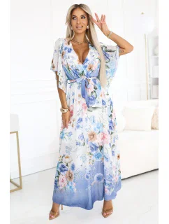 model 21178444 Vzdušné maxi šaty s obálkovým výstřihem a květinovým vzorem BLUE ROSE - numoco basic