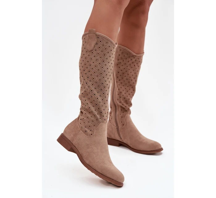 Dámské kozačky na ploché podrážce s vzorem  Béžové model 21713564 - S.Barski