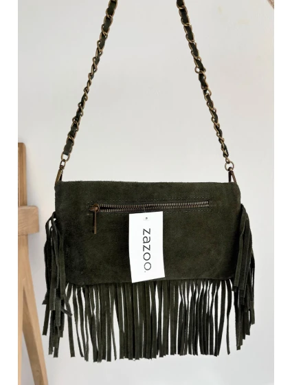 Dámská semišová kabelka s třásněmi na řetízku Narella – tmavě zelená