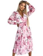 472-1 Szyfonowa sukienka midi z długim rękawkiem i dekoltem - jasno-różowe KWIATY na białym tle 472-1 Szyfonowa sukienka midi z długim rękawkiem i dekoltem - jasno-różowe KWIATY na białym tle