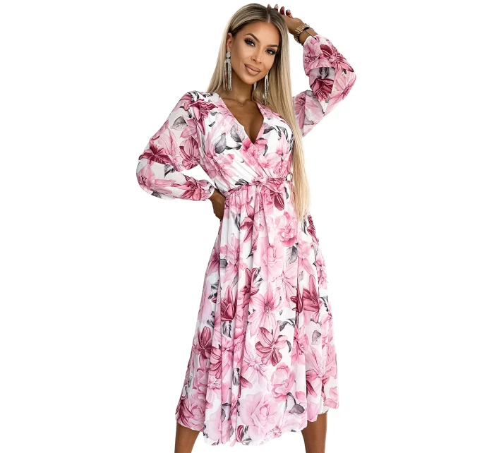 472-1 Szyfonowa sukienka midi z długim rękawkiem i dekoltem - jasno-różowe KWIATY na białym tle 472-1 Szyfonowa sukienka midi z długim rękawkiem i dekoltem - jasno-różowe KWIATY na białym tle