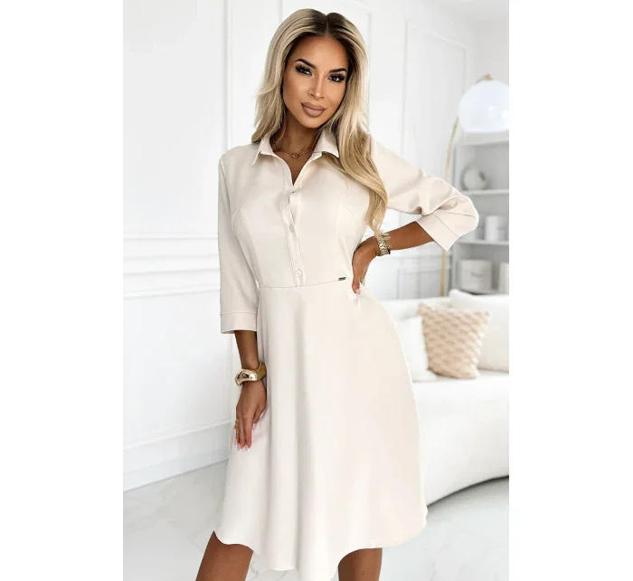 Béžové dámské rozšířené košilové šaty s páskem model 20215337 - numoco