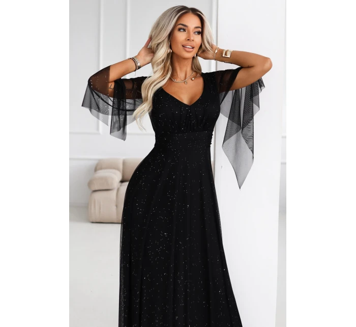 655-1 Dlouhé lehké třpytivé šaty s výstřihem a průhlednými rukávy - černé 655-1 Dlouhé lehké třpytivé šaty s výstřihem a průhlednými rukávy - černé