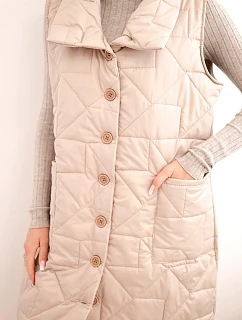 Dámská dlouhá prošívaná vesta s kapsami a stojáčkem tmavě béžová