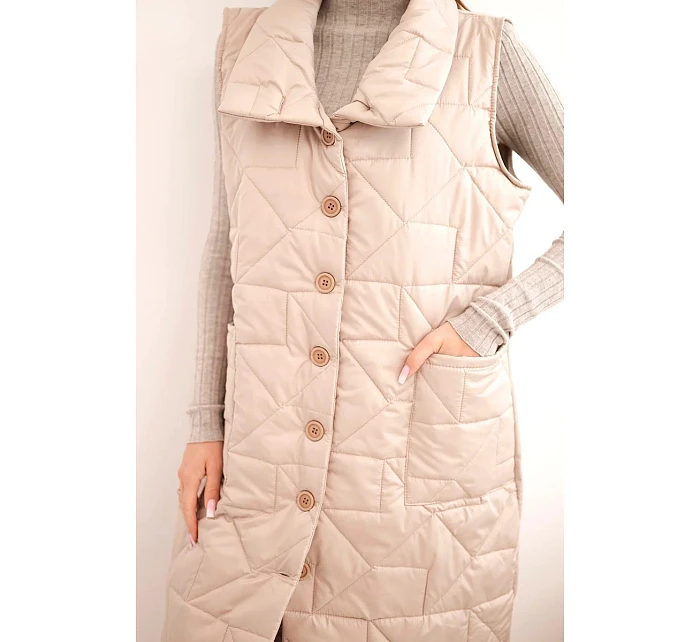 Dámská dlouhá prošívaná vesta s kapsami a stojáčkem tmavě béžová