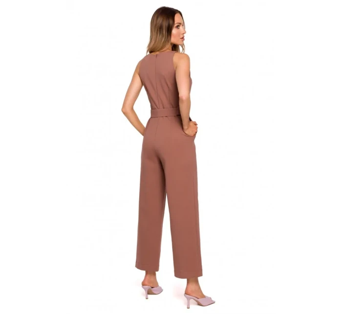 M679 Overal bez rukávů s páskem a sponou - čokoládový