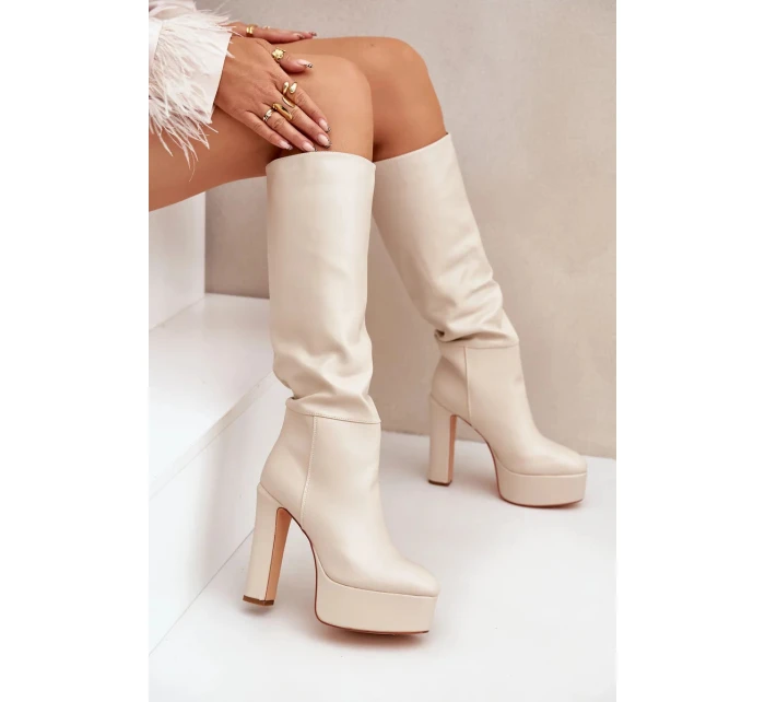 Kozačky na podpatku a platformě z eko kůže světle béžové Felilorn
