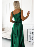 JULIET - Elegantní dlouhé dámské saténové šaty v lahvově zelené barvě s výstřihem 512-1