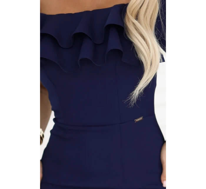 599-3 CARMEN Přiléhavé midi šaty ve španělském stylu - tmavě modré