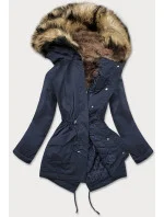 Tmavě modrá dámská prošívaná zimní bunda s kožešinou (m-137)