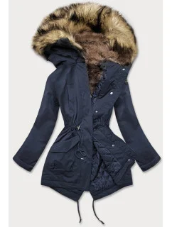 Tmavě modrá dámská prošívaná zimní bunda s kožešinou (m-137)