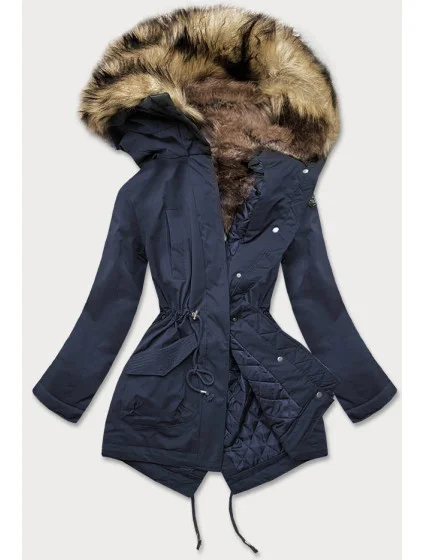 Tmavě modrá dámská prošívaná zimní bunda s kožešinou (m-137)