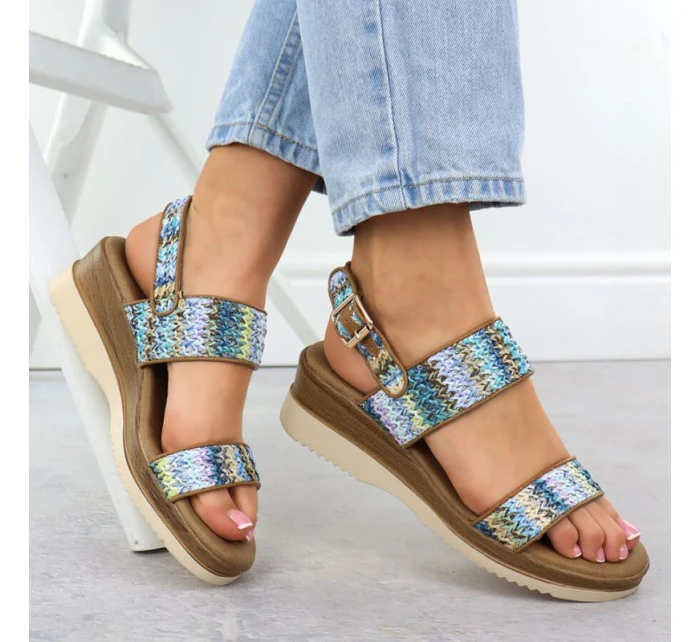 Dámské sandály na podpatku modré pletené Potocki 45302