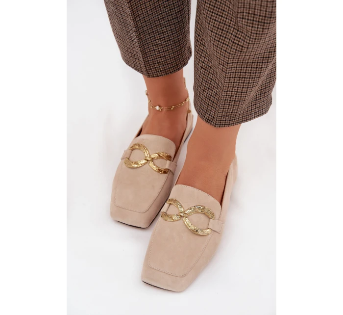 Dámské mokasíny z pravé nubukové kůže se zlatým detailem D&A CR61-3115 Béžové
