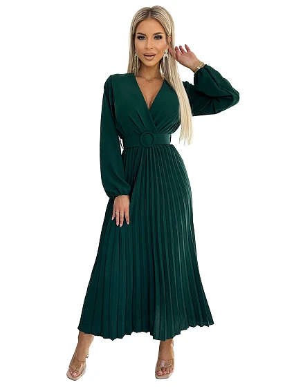 Dámské plisované midi šaty v lahvově zelené barvě s výstřihem, dlouhými rukávy a širokým opaskem model 22305960 - numoco basic Dámské plisované midi šaty v lahvově zelené barvě s výstřihem, dlouhými rukávy a širokým opaskem model 22305960 - numoco basic