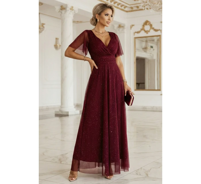 635-5 MELANIA dlouhé lesklé šaty s výstřihem a krátkými rukávy - vínové 635-5 MELANIA dlouhé lesklé šaty s výstřihem a krátkými rukávy - vínové