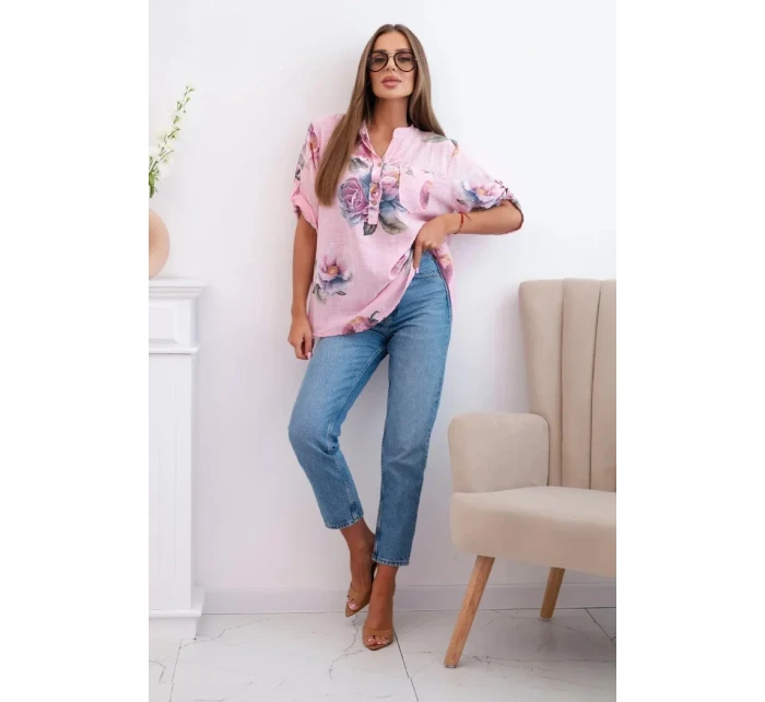 Dámská bavlněná halenka s květinovým vzorem bonbónově růžová