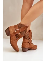 Zamszowe Botki Kowbojki Ażurowe Na Obcasie Zazoo 2994 Camel