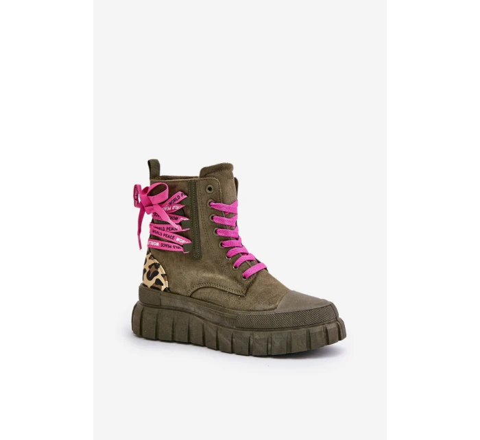 Dámské botky na platformě s ozdobným šněrováním leopardí zelené model 21673085 - EVENTO
