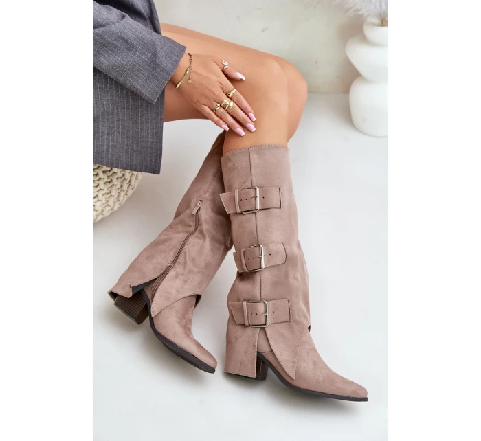 Kozačky Na Podpatku S Otočeným Svrškem A Přezkami Béžové Vamissa