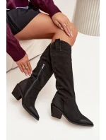 Dámské kožené kozačky na podpatku z přírodního semiše  Černé model 21725199 - Artiker