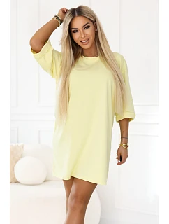 666-2 Bavlněné volné oversize šaty s krátkými rukávy - máslově žluté