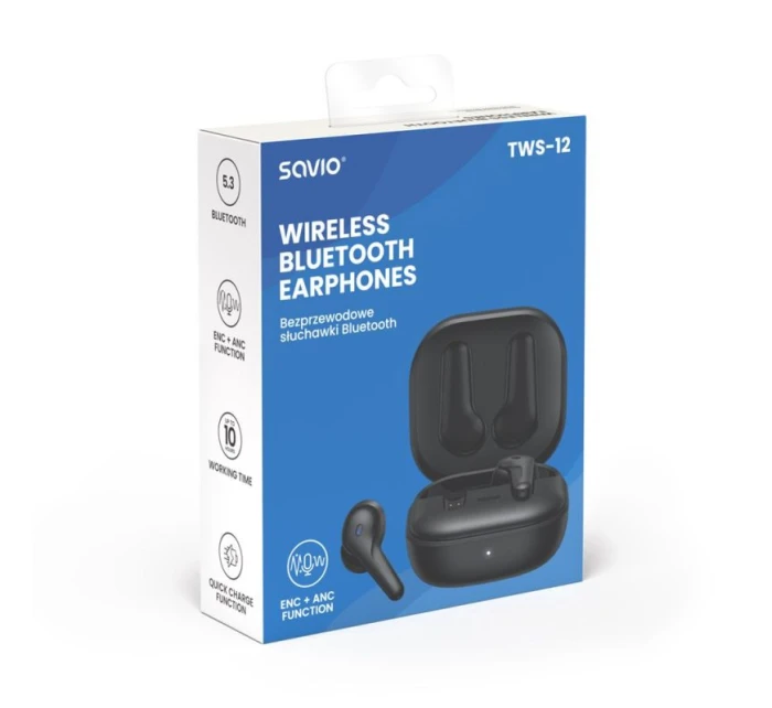 SAVIO BEZDRÁTOVÁ BLUETOOTH SLUCHÁTKA 5.3 S MIKROFONEM, ANC, ENC, QC TWS-12