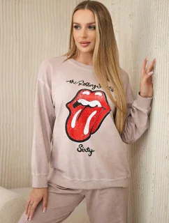 Bavlněná souprava model 20330051 potiskem teplákové + kalhoty pudrově růžová - K-Fashion