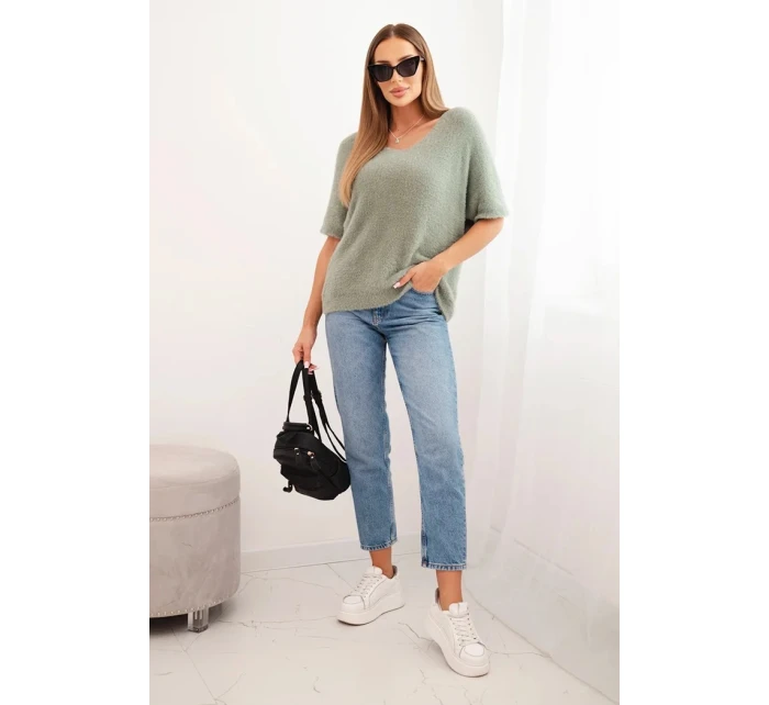 Dámský svetr z měkkého model 21327524 s výstřihem do V krátký rukáv tmavě mátový - K-Fashion Dámský svetr z měkkého model 21327524 s výstřihem do V krátký rukáv tmavě mátový - K-Fashion