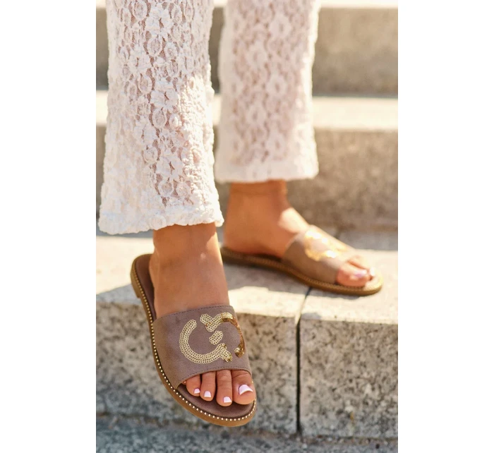 Dámské ploché pantofle s flitry S.Barski Hnědá Dámské ploché pantofle s flitry S.Barski Hnědá