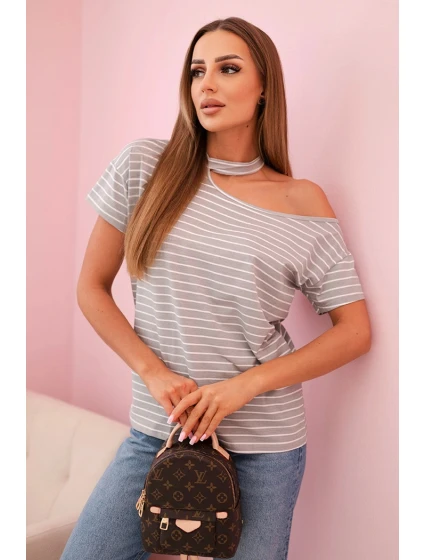 Dámská bavlněná blůza s pruhy na jedno rameno s chokerem šedá
