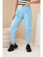 Dámské bavlněné kalhoty s vysokým pasem a páskem modré Dámské bavlněné kalhoty s vysokým pasem a páskem modré