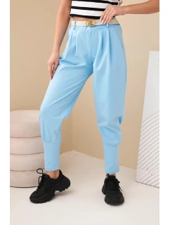 Dámské bavlněné kalhoty s vysokým pasem a páskem modré