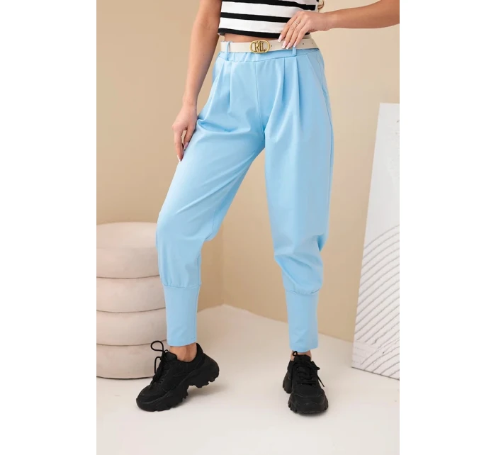 Dámské bavlněné kalhoty s vysokým pasem a páskem modré Dámské bavlněné kalhoty s vysokým pasem a páskem modré