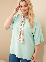 Dámská viskózová halenka Plus Size s krátkým rukávem a ozdobným šátkem tmavě mentolová