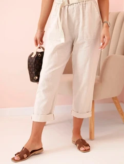 Dámské model 21220001 kalhoty s bavlnou a páskem béžové - K-Fashion