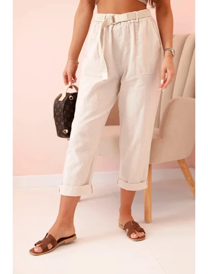 Dámské lněné kalhoty s bavlnou a páskem béžové Dámské lněné kalhoty s bavlnou a páskem béžové