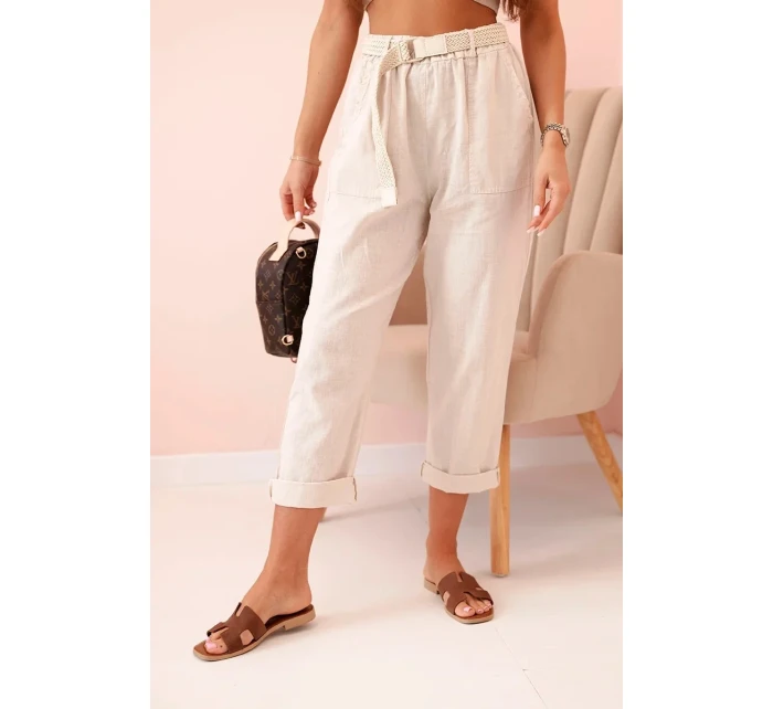 Dámské lněné kalhoty s bavlnou a páskem béžové Dámské lněné kalhoty s bavlnou a páskem béžové