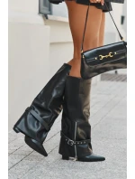 Dámské kozačky nad koleno na sloupkovém podpatku s ozdobným páskem Jolivine – černé