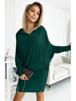 Dámské netopýří šaty v lahvově zelené barvě s kapucí 400-1