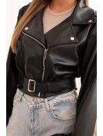Dámská krátká bunda z eko kůže s páskem a límcem černá