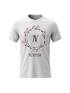 Dámské bavlněné tričko s potiskem - KVĚTINOVÝ MOTIV SE JMÉNEM - NIKOLA - bílé