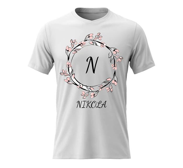 Dámské bavlněné tričko s potiskem - KVĚTINOVÝ MOTIV SE JMÉNEM - NIKOLA - bílé
