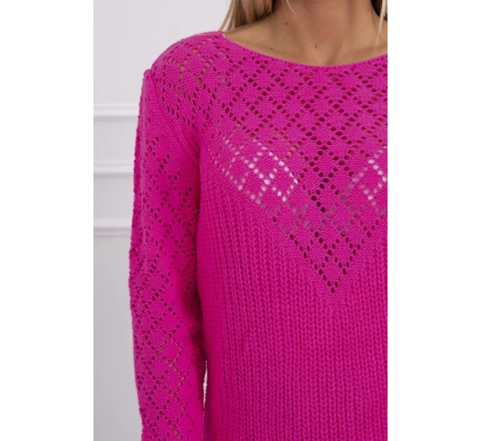 Dámský svetr s ažurovým zdobením neonově růžový - Kesi Dámský svetr s ažurovým zdobením neonově růžový - Kesi