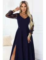 640-3 LORETTA jedinečné dlouhé šaty s tylovými rukávy a výstřihem - tmavě modré